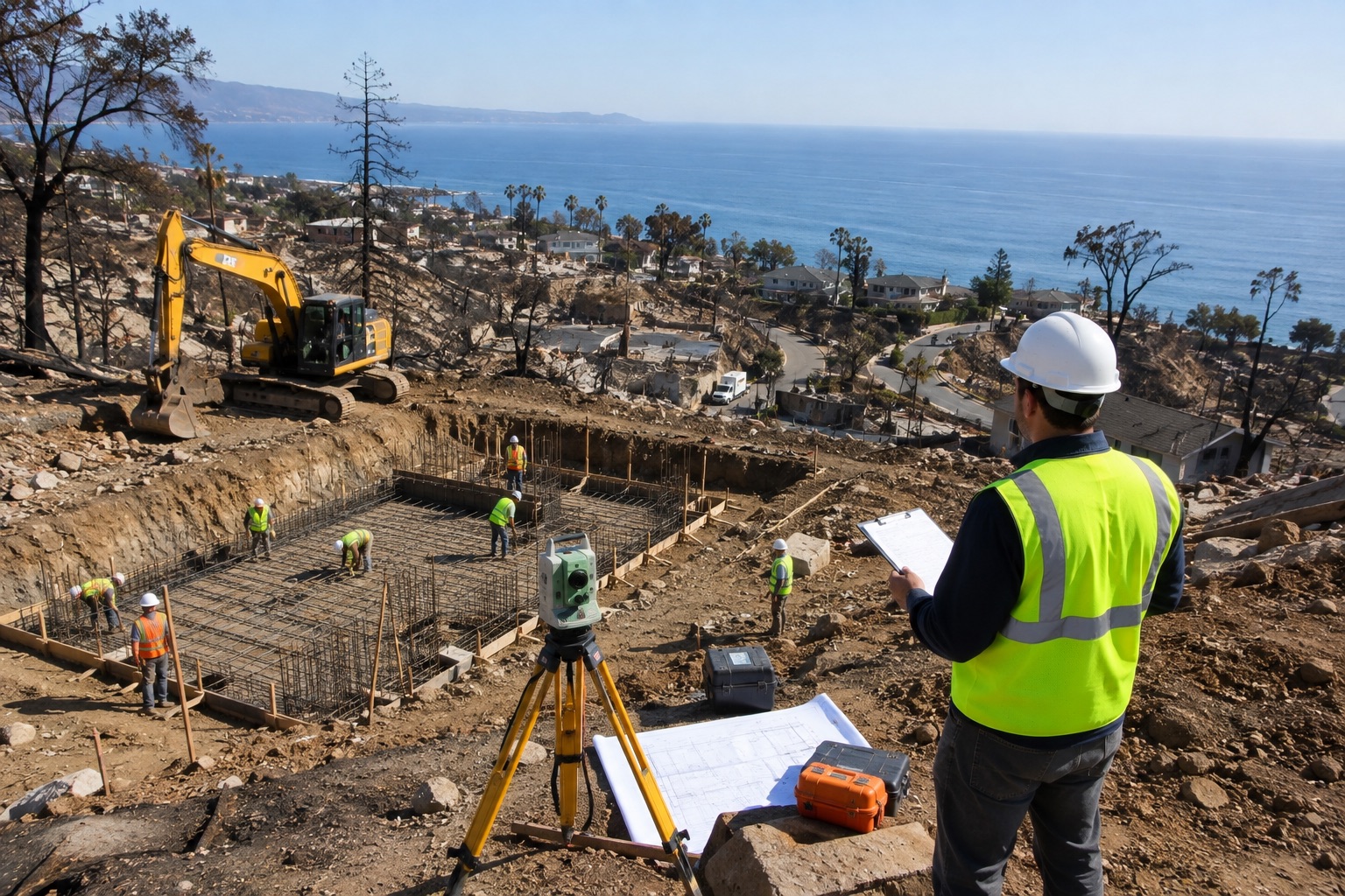 Geotechnical engineers oversee foundation layout, soil evaluation, and hillside reconstruction on a wildfire-affected Los Angeles coastal property, ensuring safe rebuilding through site investigation, grading, and foundation design before residential construction begins.