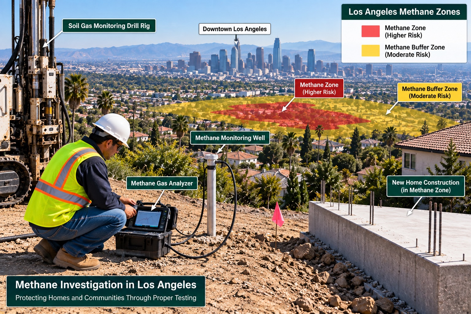 Inspector showing methane monitoring, soil gas testing, construction in methane-risk areas, and the importance of identifying methane hazards before building.