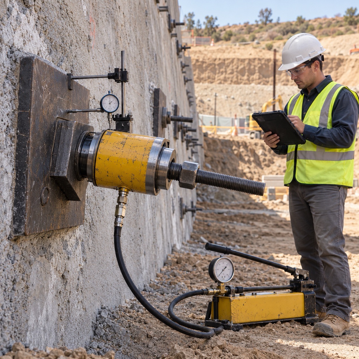 Geotechnical Engineer performing analysis and documenting a ground-anchor load test with a hydraulic jack at a concrete retaining wall in Los Angeles, CA