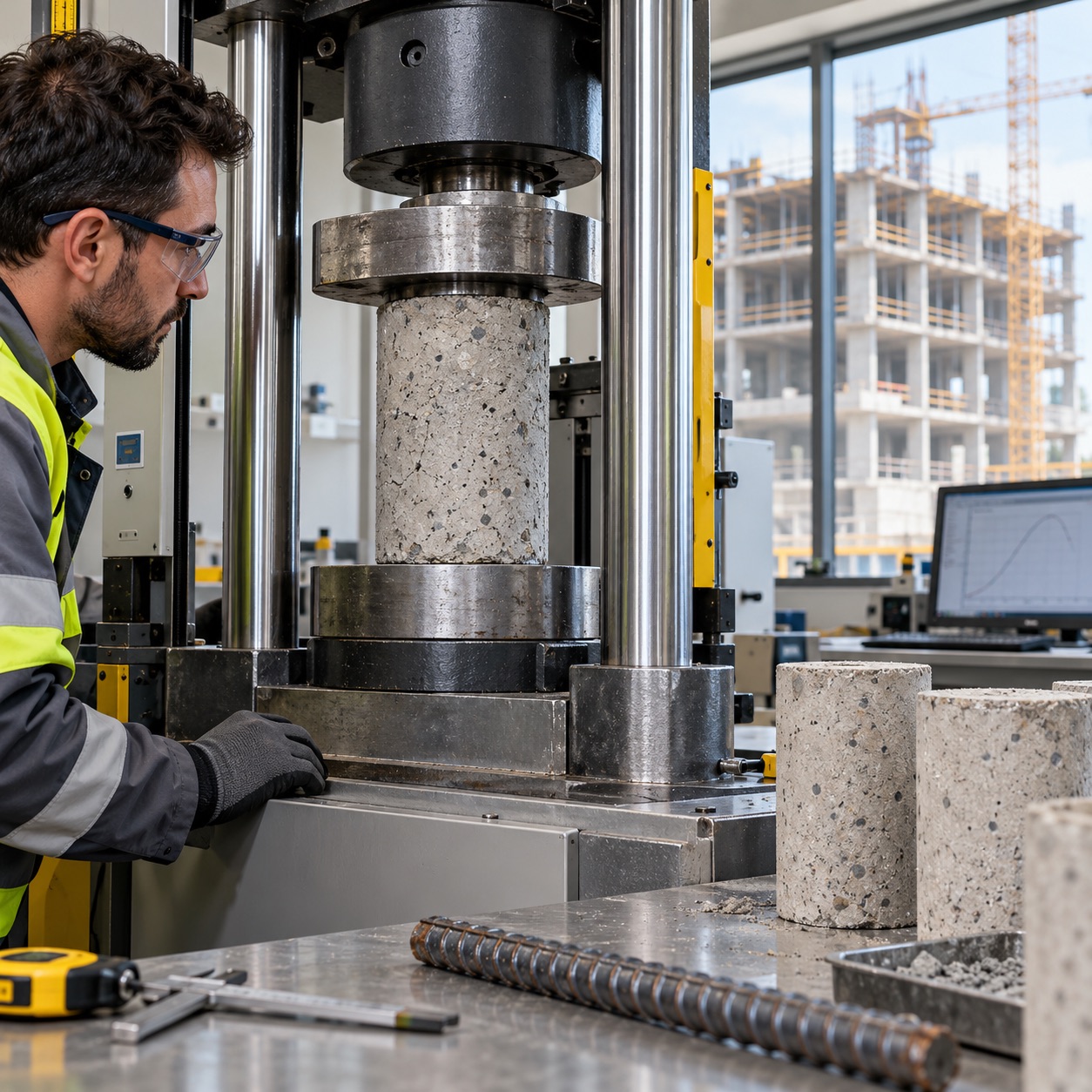 Construction materials testing for structural safety, showing concrete strength testing, steel and rebar testing, weld inspection, masonry testing, and soil testing to verify construction quality and structural integrity.